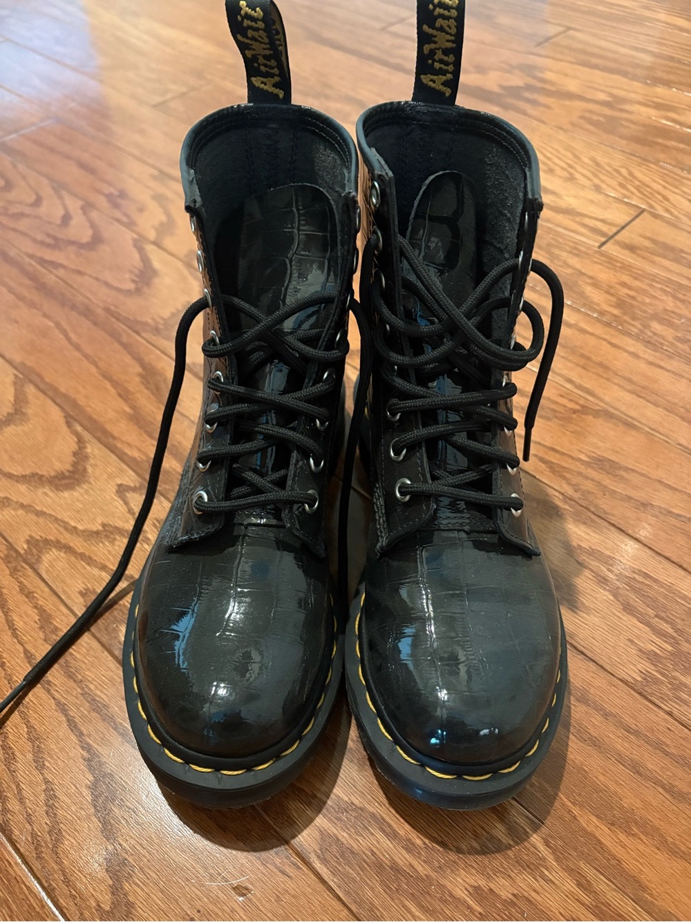 Dr. Martens Kids Black Patent Croc-Textured Lace-Up Boots with Yellow Stitching